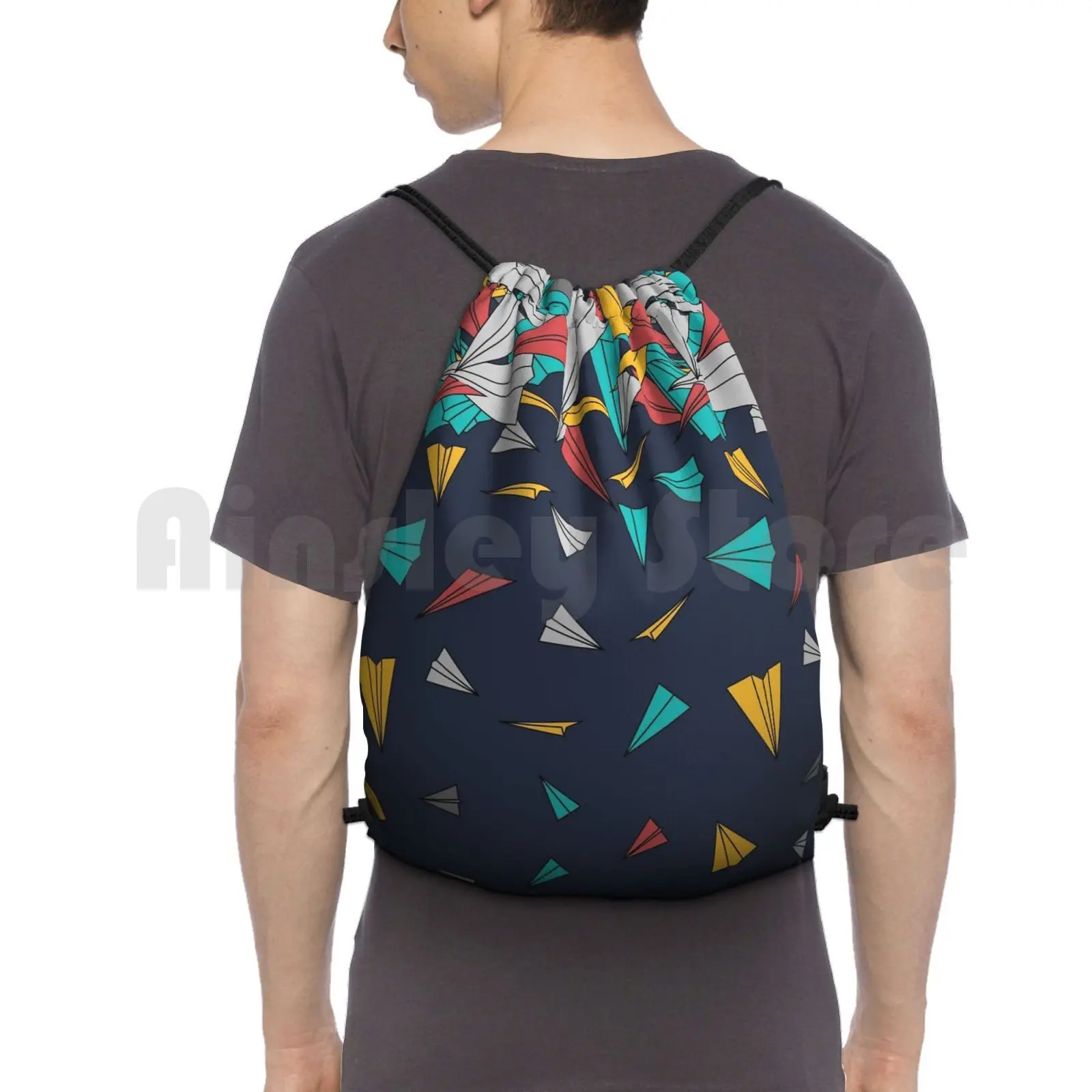 

Flying Paper Planes Backpack Drawstring Bag Riding Climbing Gym Bag Paperplane Paper Plane Geometric Floating Graphicdesign
