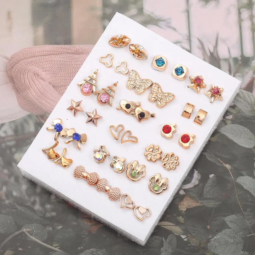 18/36pairs Fashion Mix Style Gold Color Rhinestone Crystal Flower Stud Earings Set For Women Girls Jewelry Brincos Oorbellen