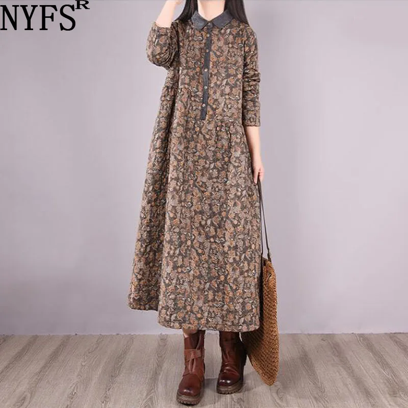 NYFS 2023 Winter New Loose Lady Quilted Woman Dress Vestidos Female Robe Cotton Linen Comfortable Floral Dresses