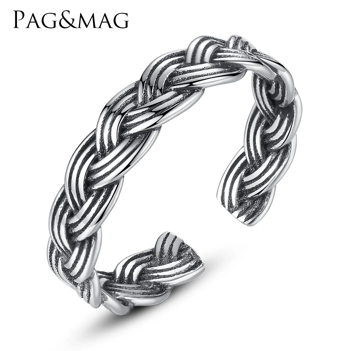 

PAG&MAG retro couple S925 marcasite multi-stripe twist ring Korean version of adjustable open ring