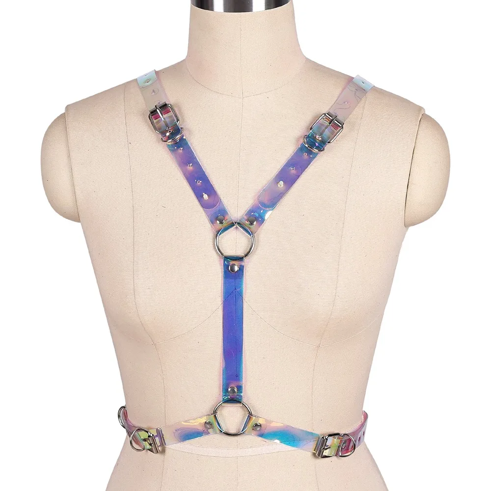 Laser Bunte Harajuku Dessous Goth Zubehör Harness Für Frauen PU Leder Käfig Bh Punk Erotische Strümpfe Einstellen Größe Tragen