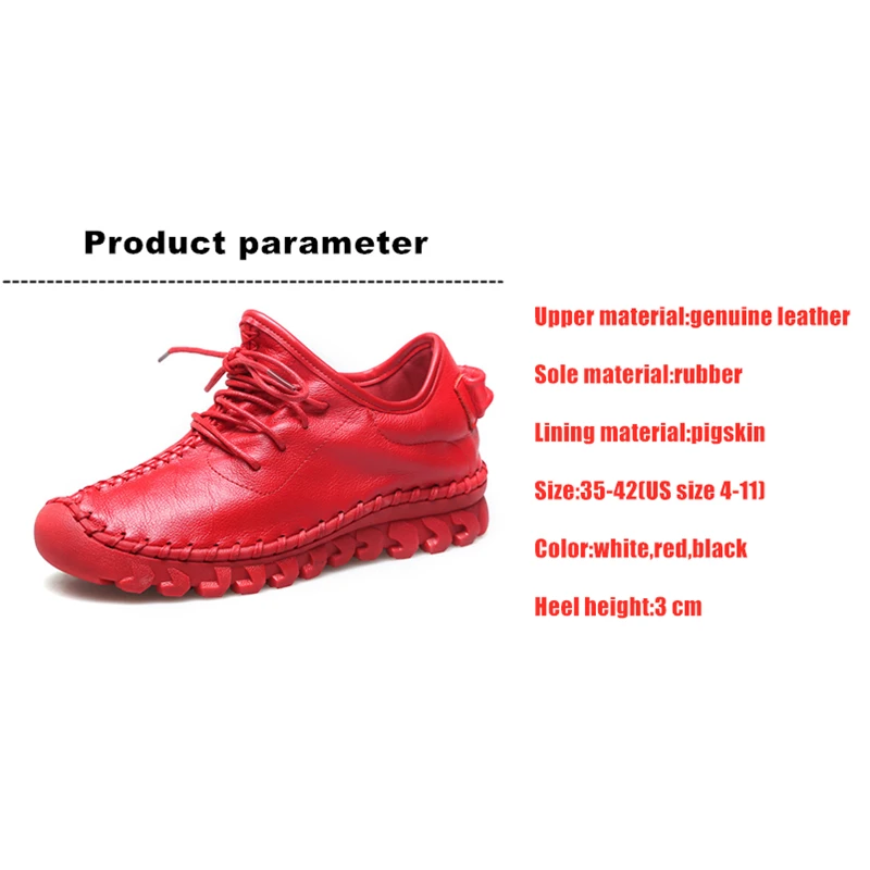 WOIZGIC Women Female Genuine Leather White Shoes Flats Loafers Lace Up Sports Breathable Vulcanized Shoes Plus Size 41 42