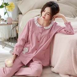 Woven Cotton Pajamas M-3XL Women Plaid Cartoon Pajamas for Women Spring Nightwear Pajama Set O-Neck Cardigan Pyjamas Loungewear