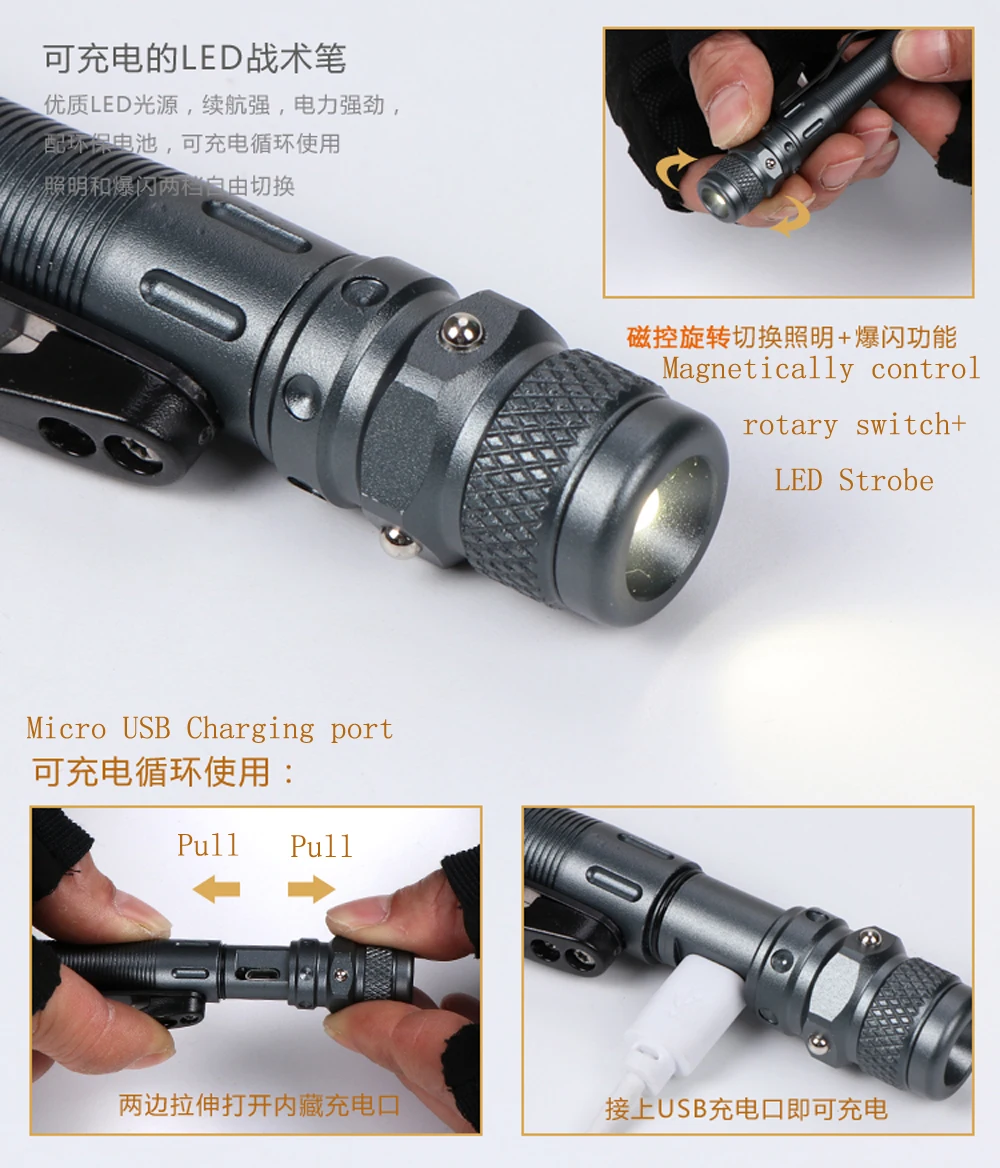 LED Strobe Rechargeable Tactical pen weapon self defense Pen SWAT Guard tactical survival Pen Magnetic Control Switch EDC Tool