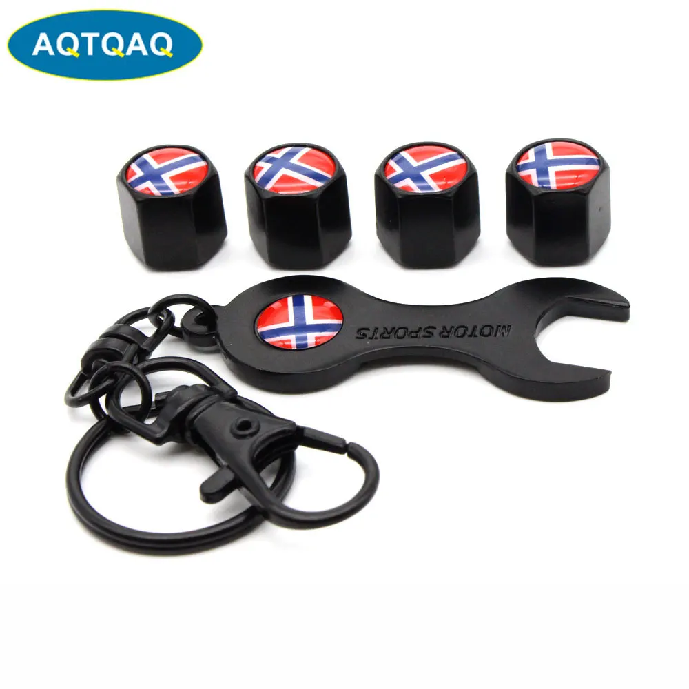 

5Pcs/Set Norway Flag Style Anti-theft Emblem Auto Car Wheel Tire Air Valve Caps With Wrench Keychain Zinc Alloy Stem Dust Cover