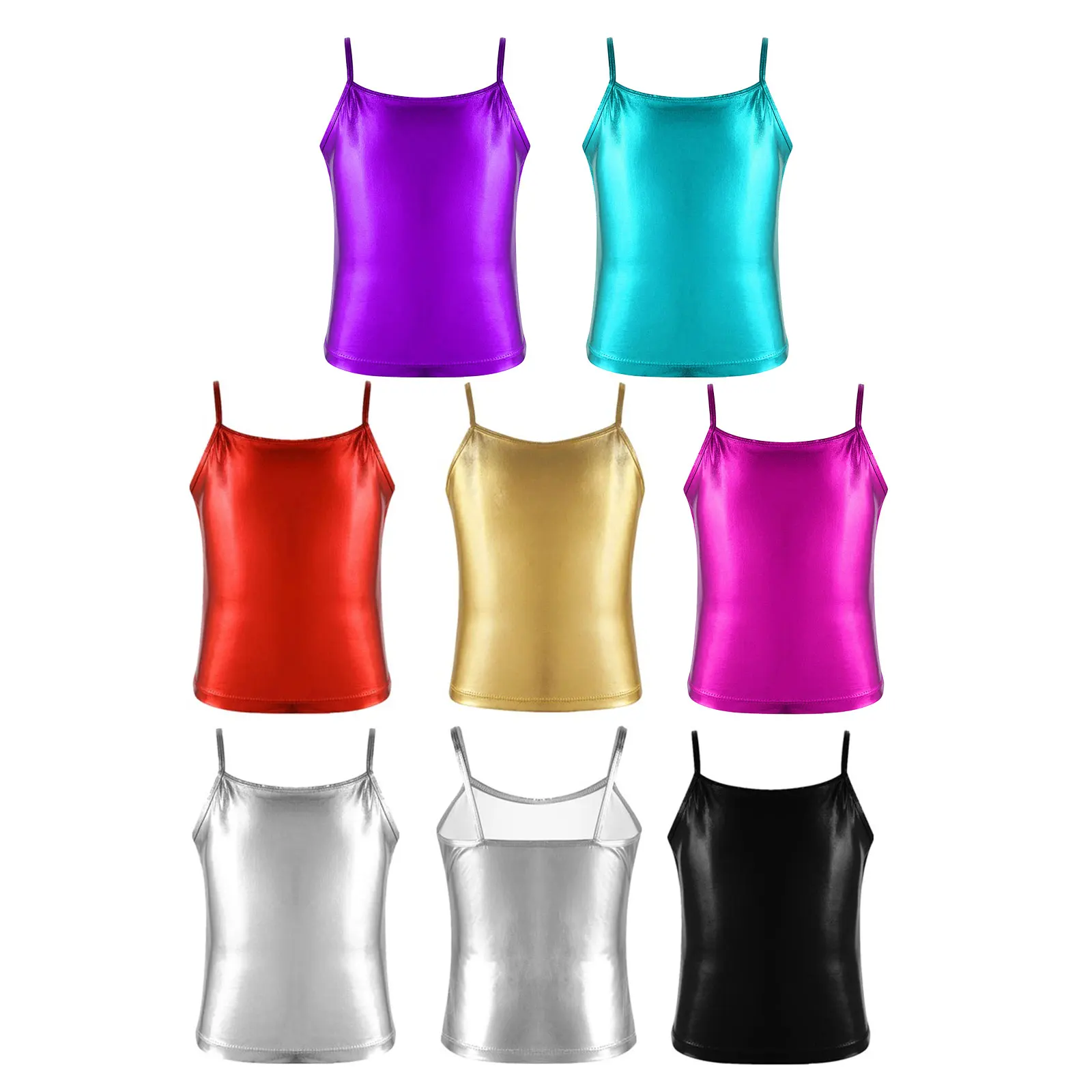 เด็กหญิงเต้นรำ Crop Tops สปาเก็ตตี้สายรัดไหล่ Shiny Metallic Camis Tank Top เสื้อกั๊กสำหรับเต้นรำเวทีการแข่งขัน Performance