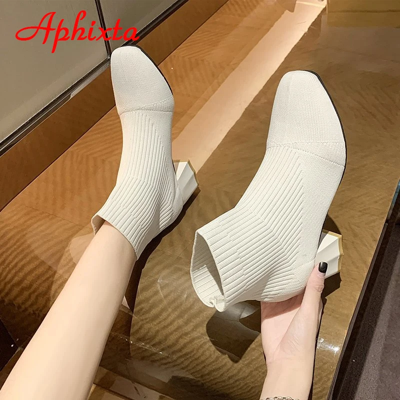 Aphixta 2022 Diamond Square Heels Socks Boots Women Beige Stretch Fabric Elastic Short Ankle Boots Shoes Woman Boats