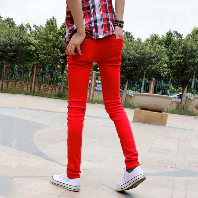 Wholesale 2021 Korean Fashion Casual Show Thin Skinny Jeans Men Red Clothes For Teenagers Pencil Trousers Men\'s Classic Pants