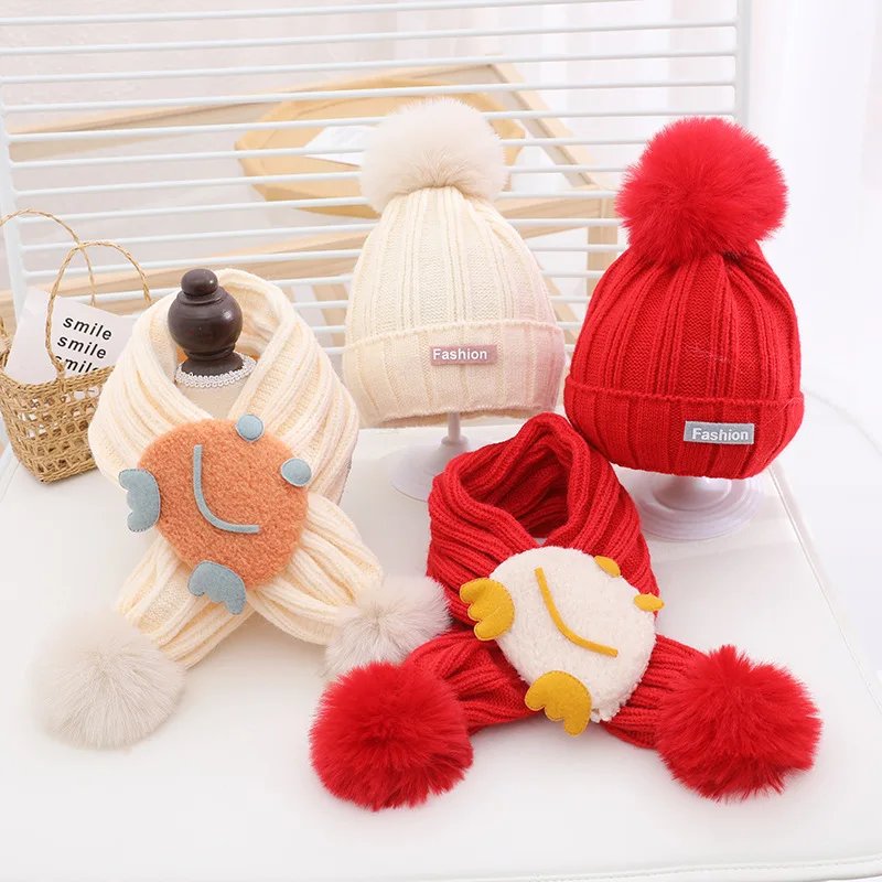 Doitbest Winter Boys Girls Warm Beanies Caps Scarf Hat Set 2021 Solid Acrylic Warm Baby Kids knit Hats Scarves sets