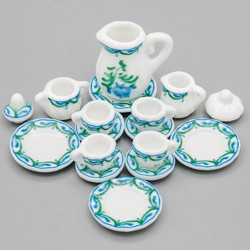 Odoria 1:12 Miniature Porcelain Tea Cup Set 15PCS Green Blue Border Flower Tableware Teaware Kitchen Dollhouse Accessories Decor