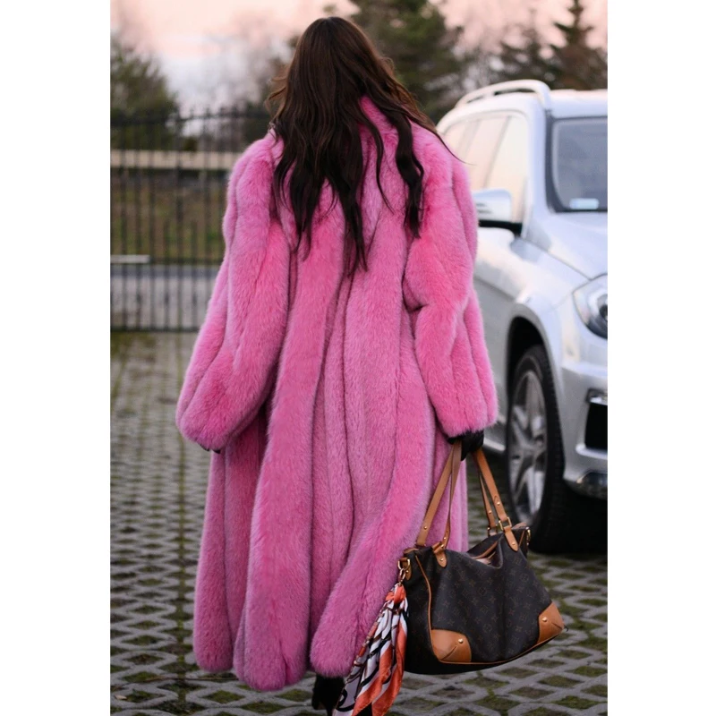 110cm Long Fashion Women Pink Fox Fur Coat Stand Collar Full Pelt Natural Fox Fur Jackets Thick Warm Winter Outwear Fur Coats