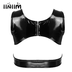 Womens Wet Look Patent Leather Cutout Vest Tops Hollow Out Strappy Sleeveless Crop Top Night Club Bar Stage Performance Costume