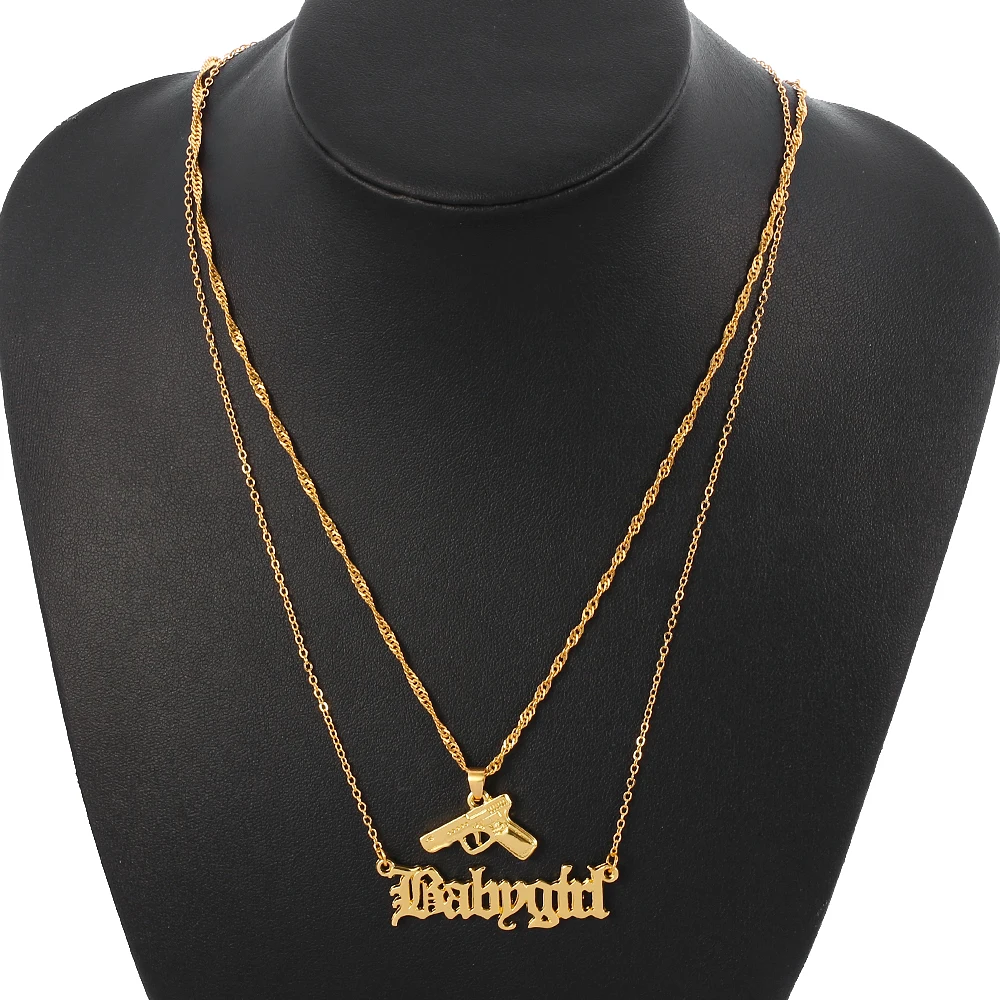 Hip Hop Glizzy Gang Gun Pistol Necklace Pendant Pistol Submachine Babygirl letter Necklace double layer for women men Jewelry