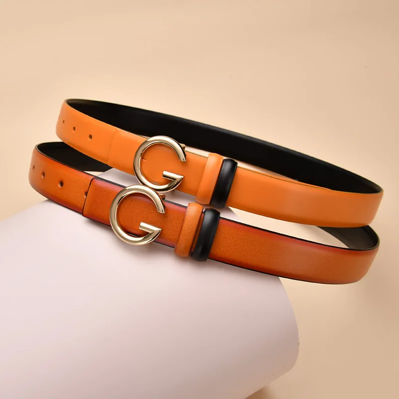 

New Designer Women Genuine Leather Belts Fashion All-Match Smooth G Buckle Belt Ladies Fine Waist Band Jeans Dress Decoration