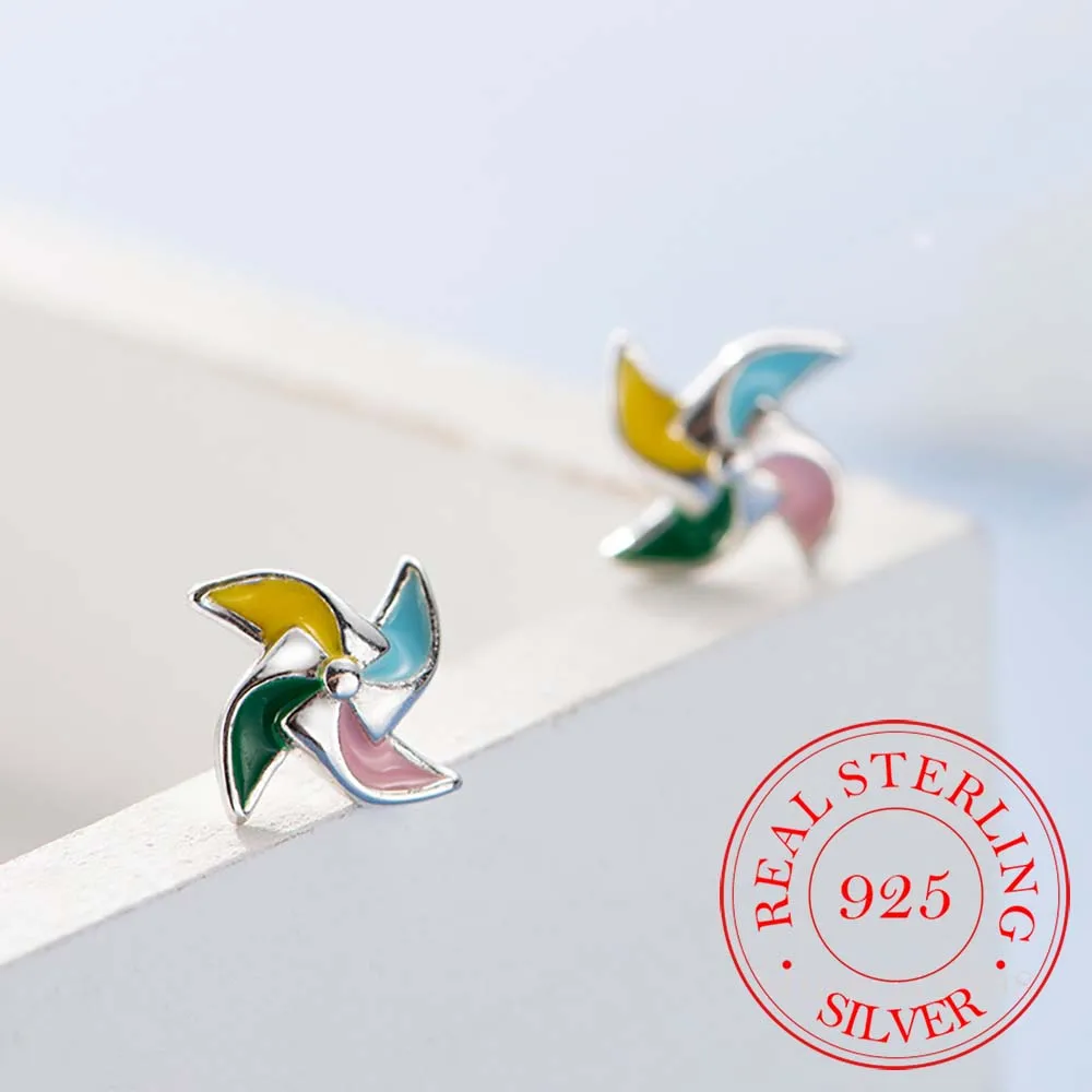 925 Sterling Silver Enamel Windmill Stud Earrings For Women Grils Wedding Gift Female pendientes mujer moda