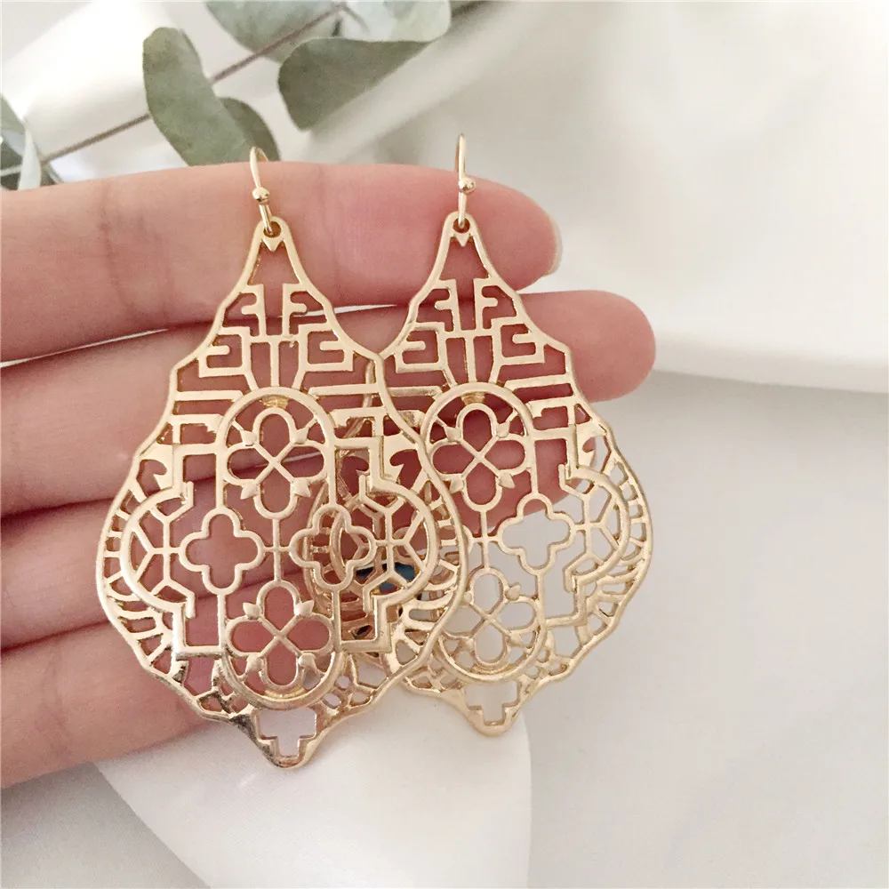 Gold Color Hollow Carving Complex Pattern Big Geometric Earrings For Women Hanging Dangle Earrings Drop Earing Modern Female