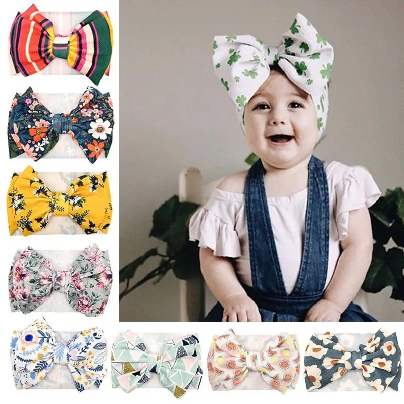 

30pc/lot Large Knot Hair Bow Headband For Girls 2021 New Baby Floral Prints Waffle Fabric Bow Headbands Kids Adjustable Turban