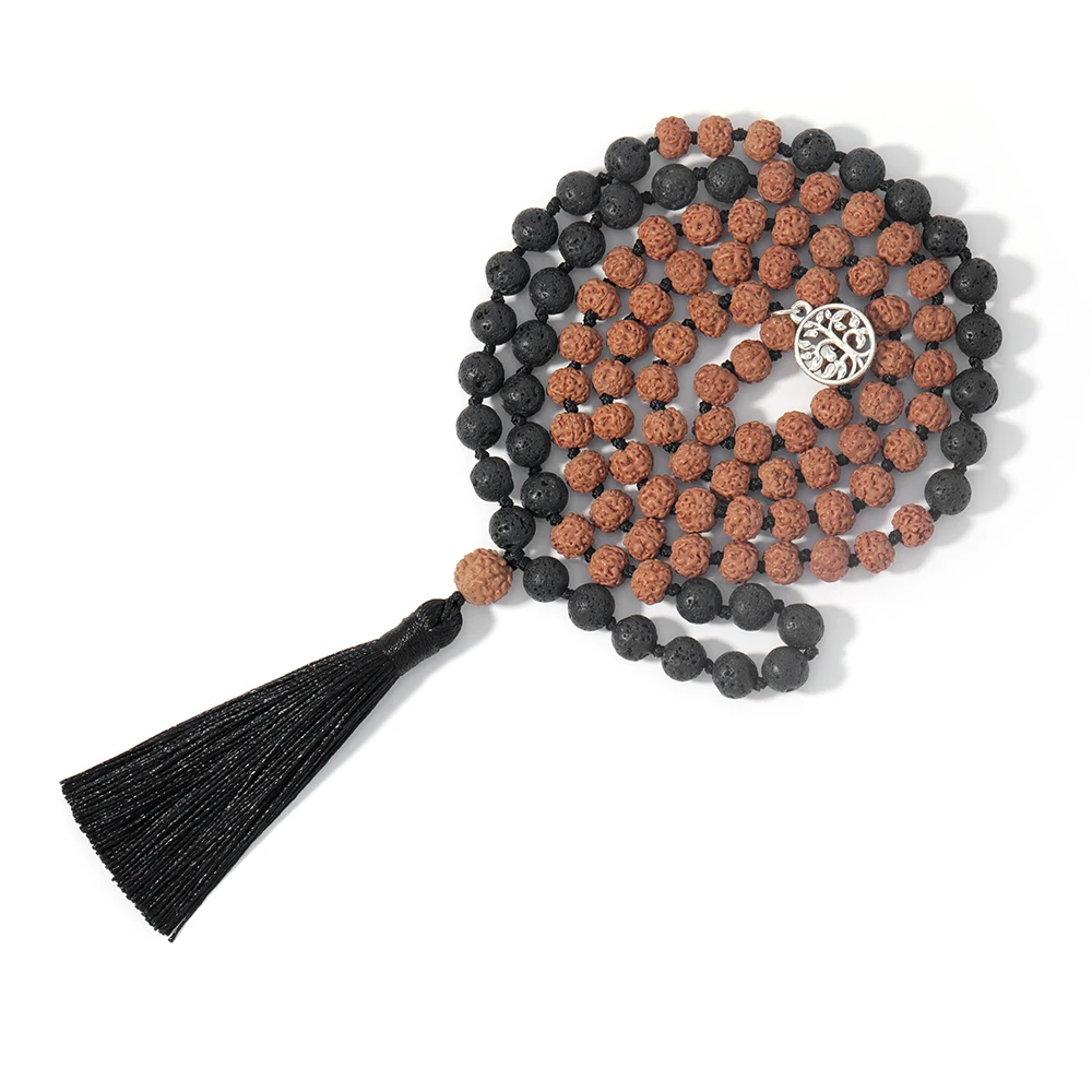 Rudraksha&Black Lava Beaded Knotted 108 Mala Necklace Meditation Yoga Japamala Jewelry with Tree of Life Charm