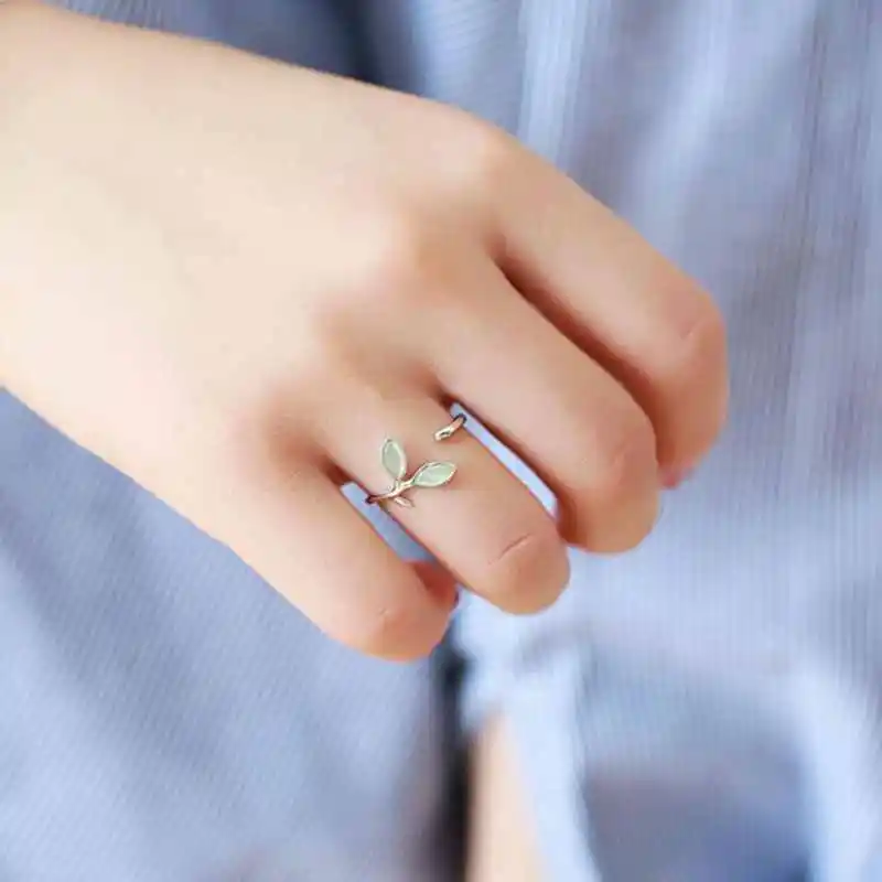 Women's 925 Sterling Silver Green Opal Leaf Open Ring