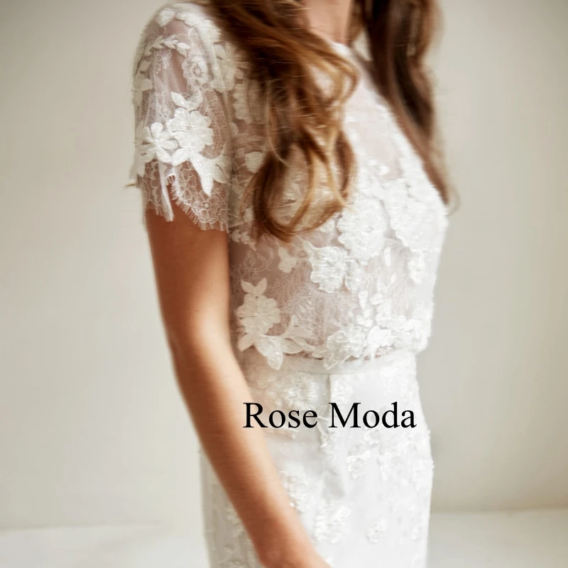 Rosa moda mangas curtas duas peças laço boho vestido de casamento destino vestido de noiva personalizado fazer