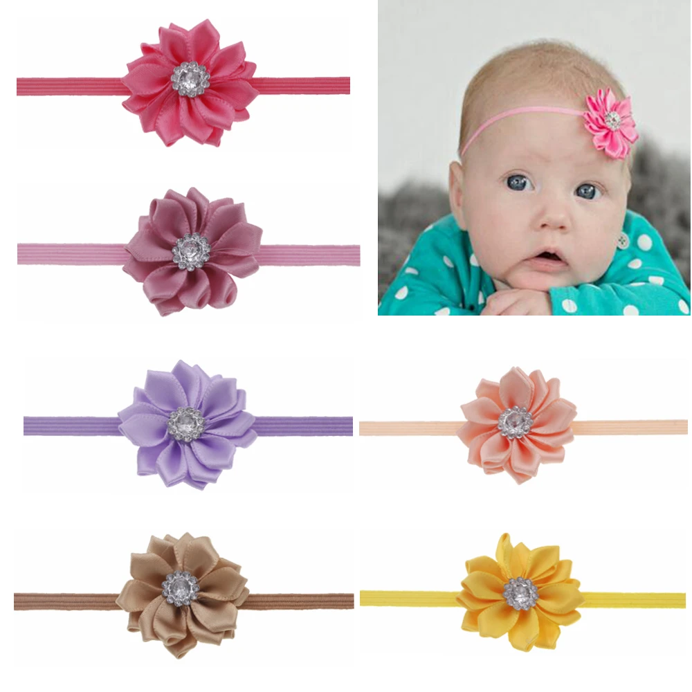 baby headband Polygonal Ribbon Rhinestone Flower Headband  Newborn Elastic Floral Hairbands Cute children girls Hair Accessories