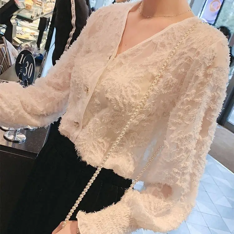 With Wrapped Chest 2024 Tassel Feather Shirt Chiffon Sleeve V-neck Blusas Ropa De Mujer