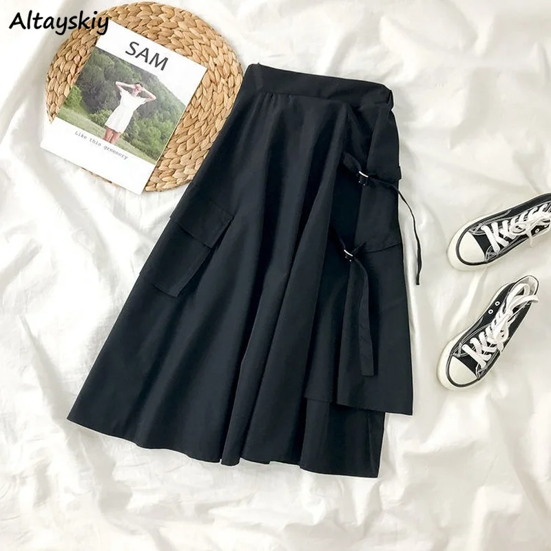 

Black Harajuku Skirts Women Summer Irregular Retro Loose All-match High Waist Female Basic Bandage Pockets A-line Korean Chic