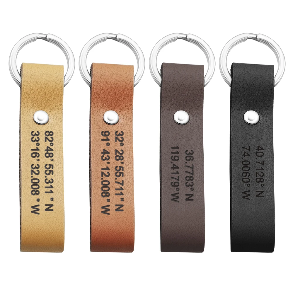 Personalized Leather Keychain, Personalized Coordinates, Messages, Names. Permanent Engraved. Anniversary Gift fo