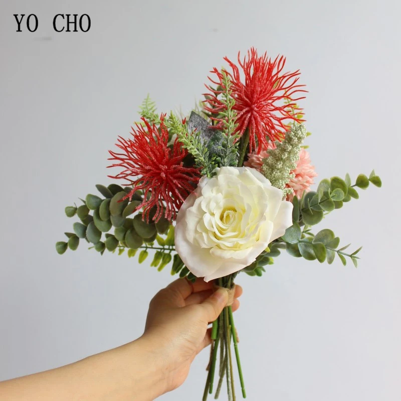 YO CHO Bouquet Bride Wedding Flower Bouquet Artificial Silk Rose Pompon Lavender Vanilla Spike Eucalyptus Leaves Wedding Flower