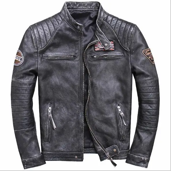 

2018 Men's Vintage Black Motorcycle Genuine Leather Jacket Slim Fit Real Thick Cowhide Male Short Leather Biker Coats M-6XL