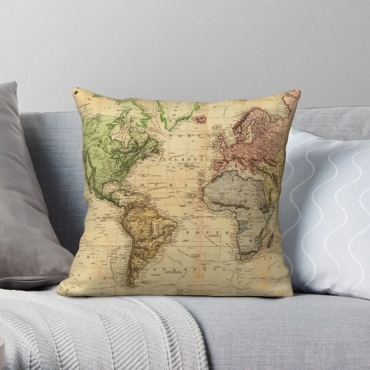 

Vintage Map Of The World 1831 Square Pillowcase Polyester Linen Velvet Printed Zip Decor Room Cushion Cover 45x45