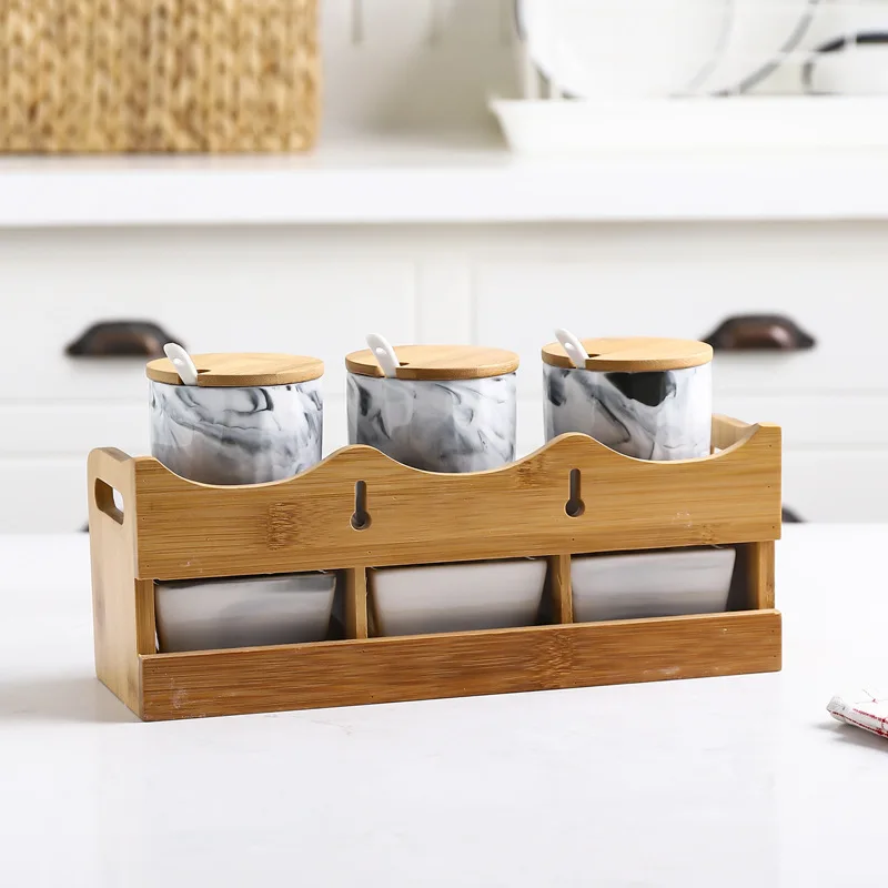 Simplicity Style Sugar Bowl Home Kitchen Set Ceramica Salt Condiment Pot Jars Wood Frame Can Be Hang On The Wall