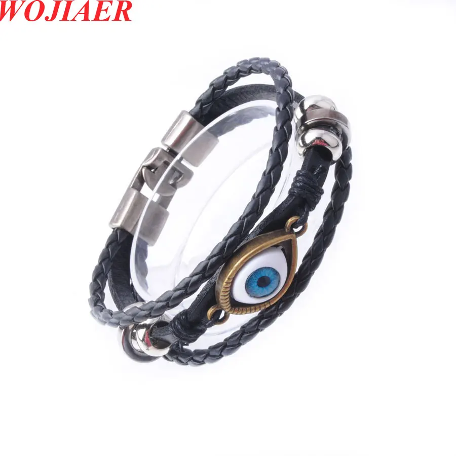 WOJIAER Blue Lucky Evil Eye Leather Braid Bracelet for Homme Multi-layer Black Rope Jewelry Gift BC003