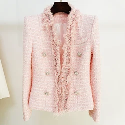 HIGH STREET Newest 2024 Fall Winter Designer Fashion Women's Diamonds Buttons Pearl Beaded Tassel Fringed Tweed Jacket