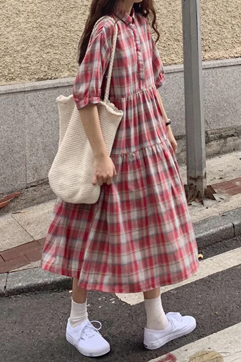 Academische Stijl Zomer Losse Kraag Plaid Jurk Vrouwelijke Zomer 2020 Nieuwe Stijl Korte Mouw Lange Patroon Rok Lolita Jurk