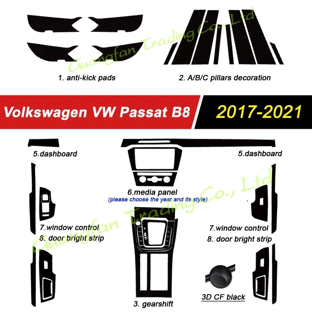 For Volkswagen VW Passat B8 17-21 Car-Styling 3D/5D Carbon Fiber Car Interior Center Console Color Change Molding Sticker Decals
