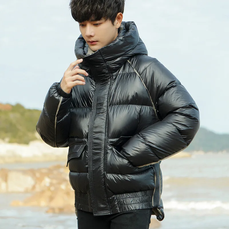 Mens Down Jacket New Winter Glossy Hooded Casual Youth Thickened Warm and Trendy White Duck Down