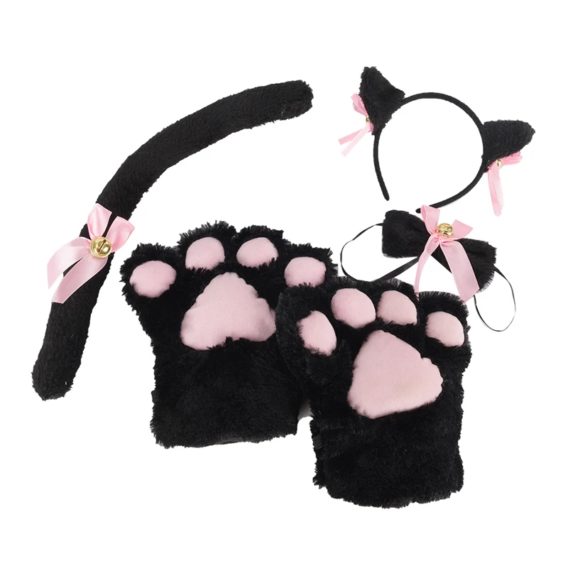 

Cat Girls Plush Ear Bell Headband Tie Tail Paws Maid Fancy Dress Set Party Cosplay Cat Ear Fur Hair Clip Women Lady Hairbands