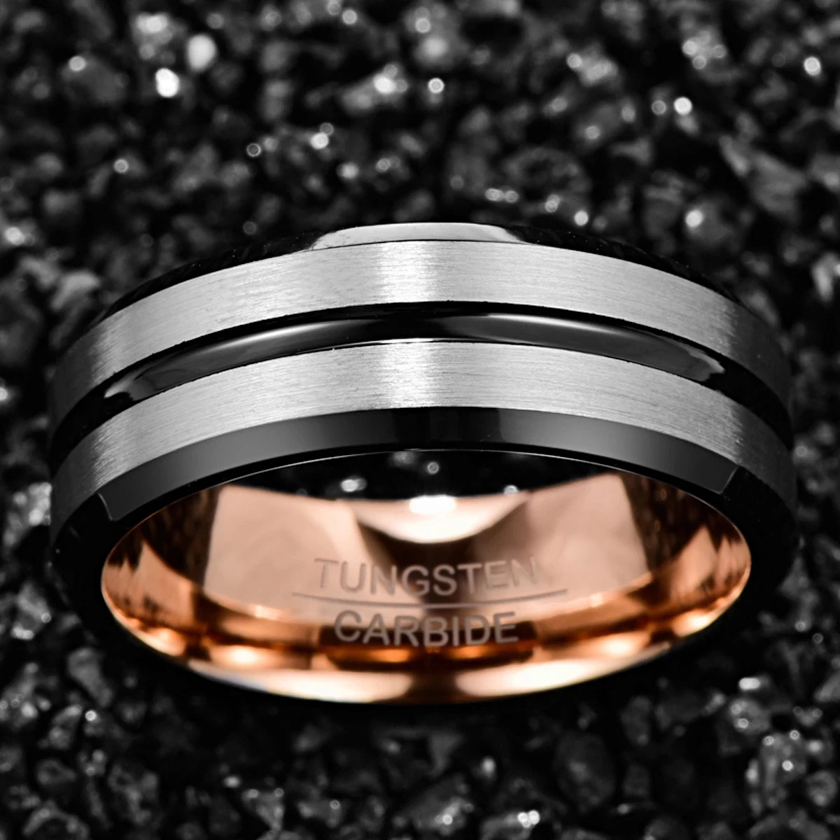 JQUEEN 8mm Tungsten Carbide Ring Electroplated RoseGold Inner Ring+ Black Bevel Groove/steel Frosted Surface Tungsten Steel Ring