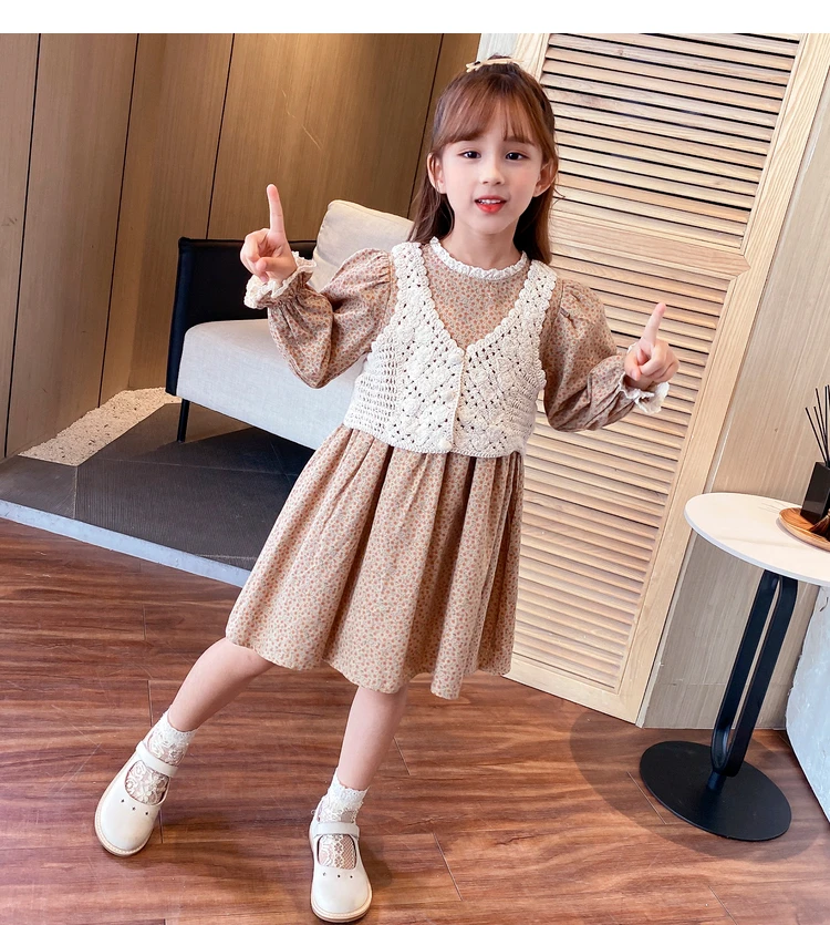 

Girls Floral Princess Dress Set Fall 2023 New Children's Wear Foreign Style Kids Long Sleeve Dress Knitted Vest Coat 2 Pcs X553