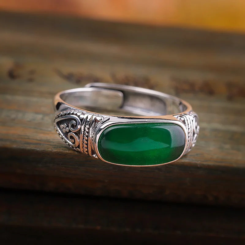 S925 Sterling Silver Vintage Natural  Jade Ring Women's Ring Green Stone Thai Silver Adjustable Jewelry