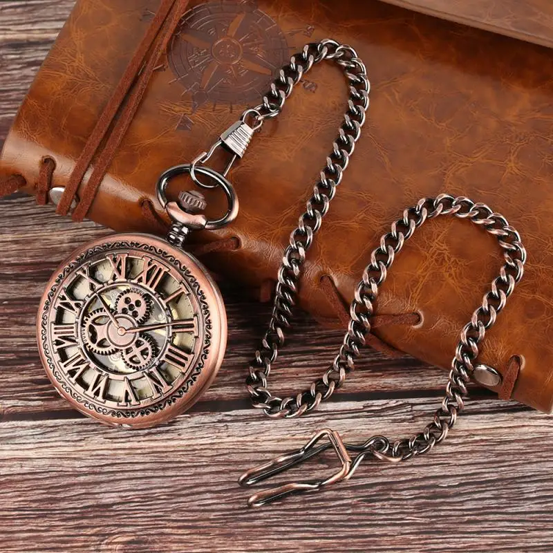 Rose Gold Gear Wheel Design Hand Winding Mechanical Pocket Watch for Unisex Retro Clock Fob Pendant Chain Collectable Timepiece