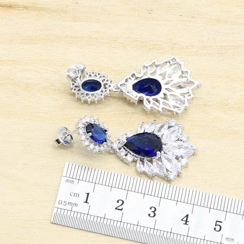 Blue Sapphire 925 Silver Bridal Jewelry Sets Earring For Women Pendant Necklace Ring Bracelet Free Gift Box