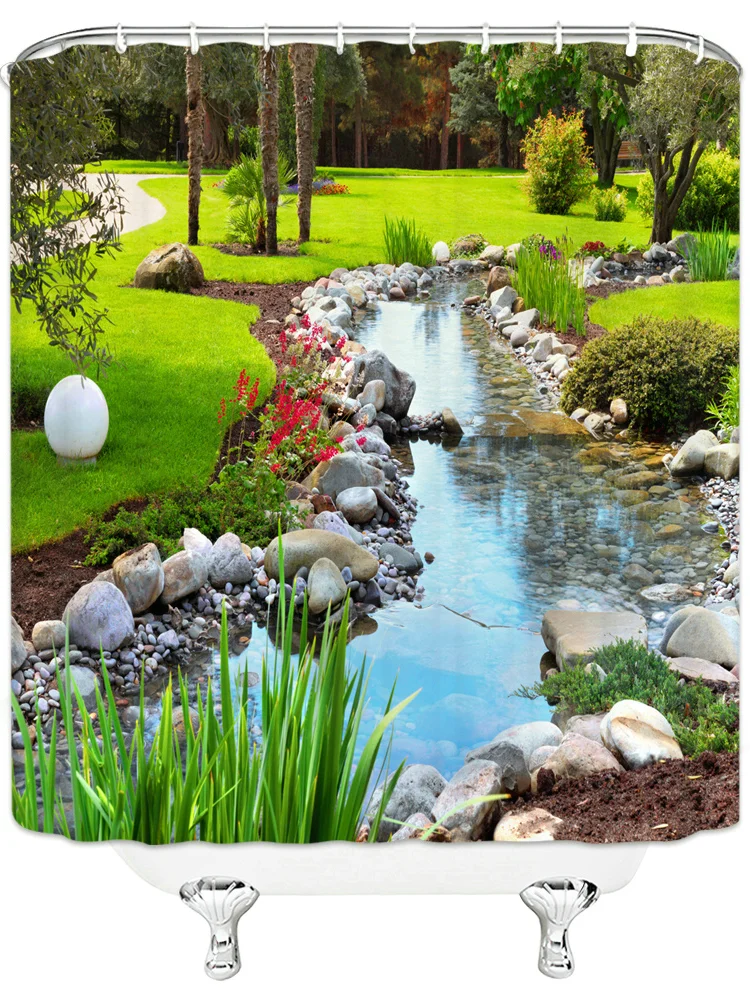 Natural Scenery Shower Curtain Waterfall Green Plants Flowers Garden Landscape Bathroom Decoration Waterproof Shower Curtain