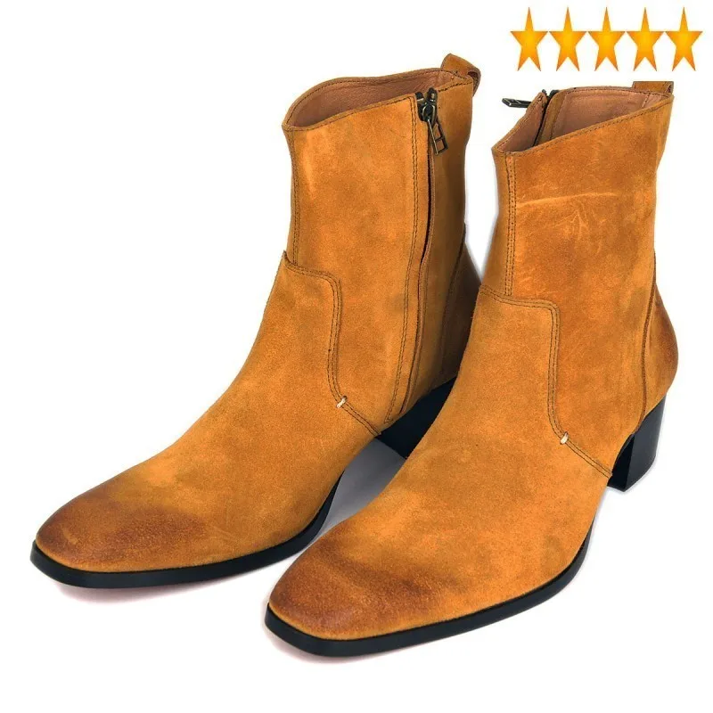 High Plus Size Heels 46 Genuine Leather Men Fashion Brand Pointed Toe Mid-Calf Cowboy Boots Casual Work Safety Booties