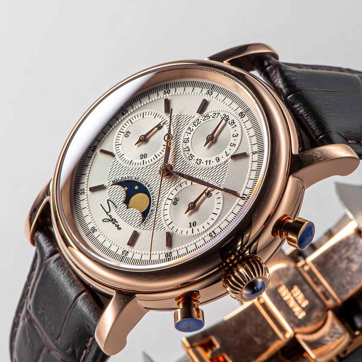 Sugess Pilot Chronograph Mechanical Watches Men Waterproof Original ST1908 Movement Moon Phase Calendar Wristwatch Swanneck 2022