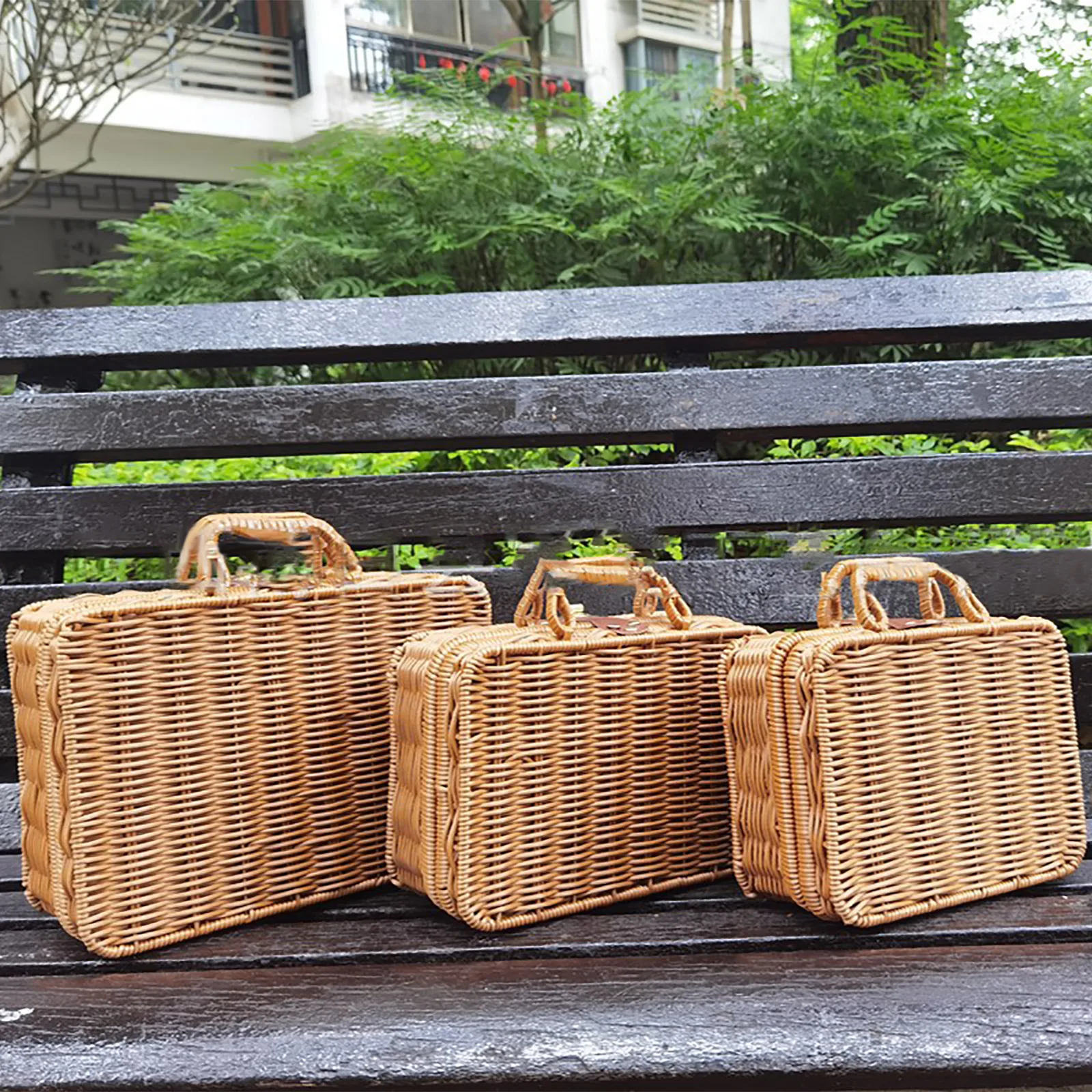 Vintage Handmade Rattan Woven Storage Case Portable Makeup Travel Picnic Luggage Basket Holder Suitcase Sundries Organizer Box