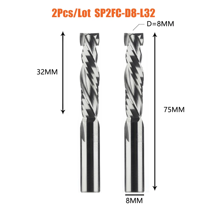 Dreanique 2 stks/partij CNC Twee Spiraal Fluiten Compressie End Mill Houtwerk UP & DOWN Carbide Frees Tool Router bit