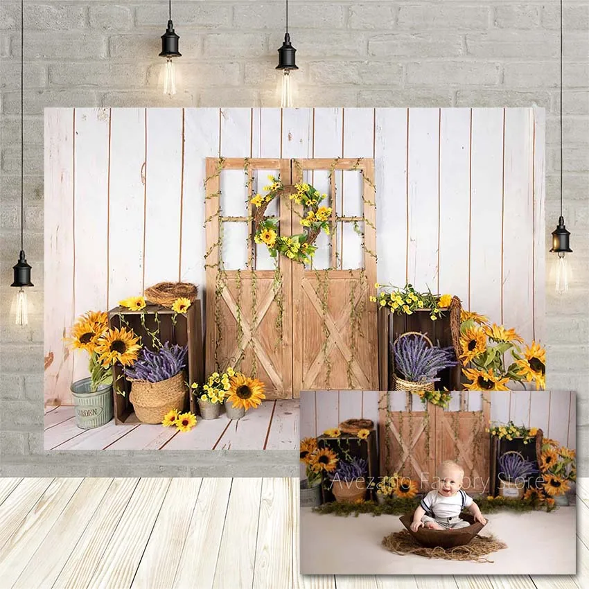 Avezano Background for Photography Garden Sunflower Wood Door Wall Newborn Baby Shower Portrait Photo Backdrop Studio Photocall