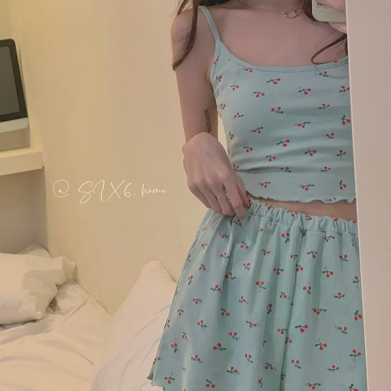 

2021 Summer Girl's Pajama Set Cute Cherry Printed Suspender Short Pants Stringy Selvedge Home Wear Sweet Bedroom Set